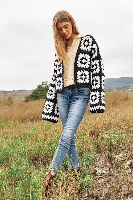 Two-Tone Floral Square Crochet Open Knit Cardigan cardigan