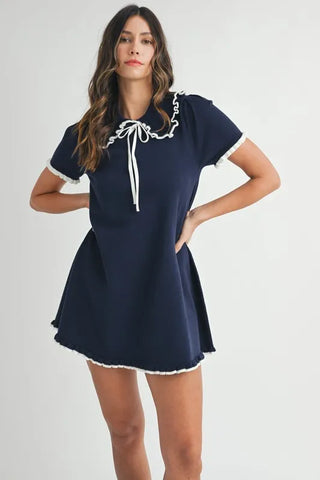 Ruffle Trimmed Collar Fine Knit Mini Dress Dress