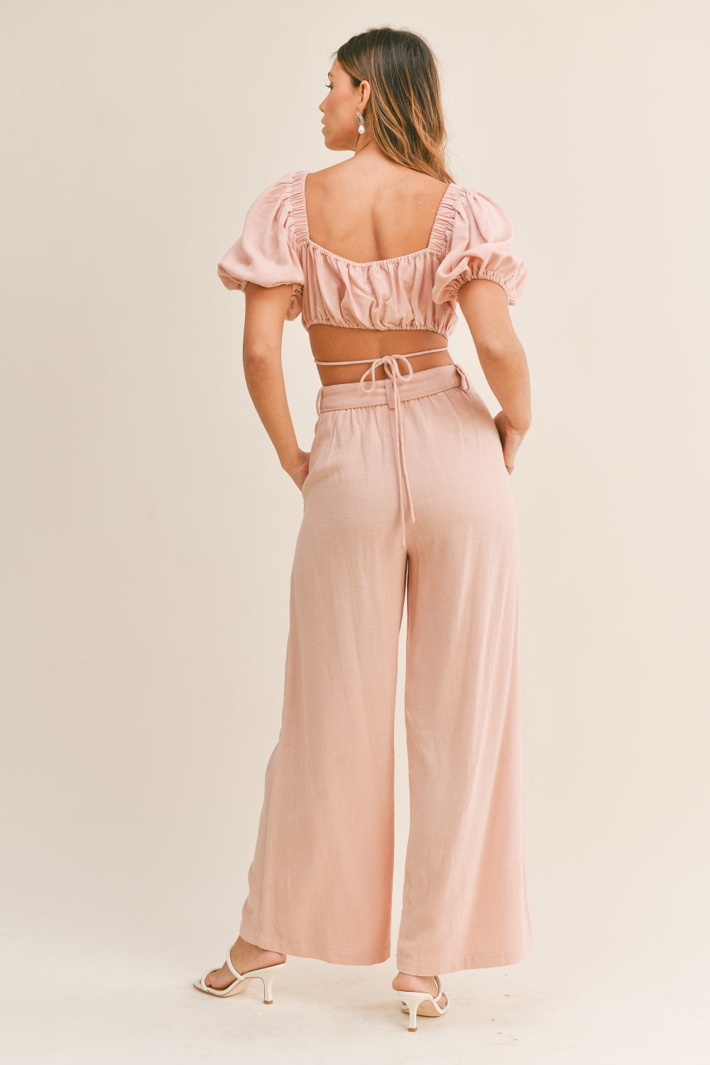 MABLE Cut Out Drawstring Crop Top and Belted Pants Set Set