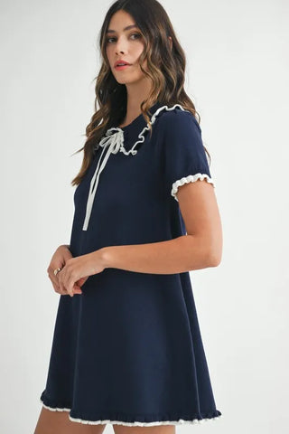 Ruffle Trimmed Collar Fine Knit Mini Dress Dress