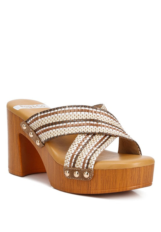 Finley Raffia High Block Heel Clogs Tan clogs