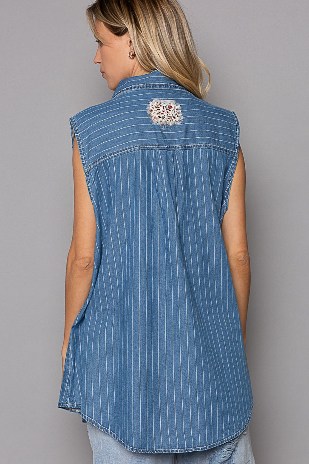 POL Button Down Sleeveless Striped Denim Shirt Top