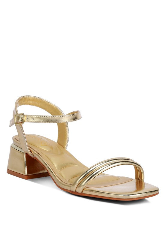 Zabou Metallic Ankle Strap Low Block Heels Gold Heels