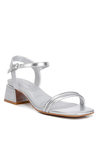 Zabou Metallic Ankle Strap Low Block Heels Silver Heels