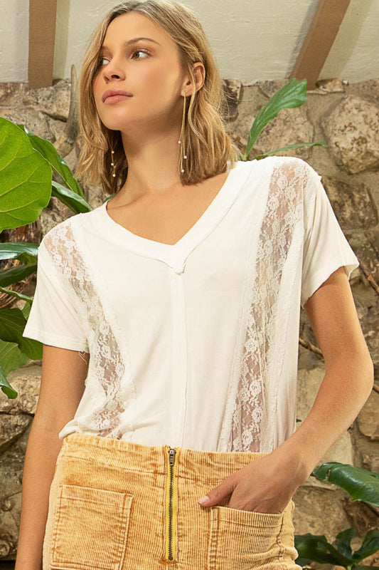 POL Inset Lace Outseam Detail Short Sleeve V-Neck T-Shirt Ivory Top