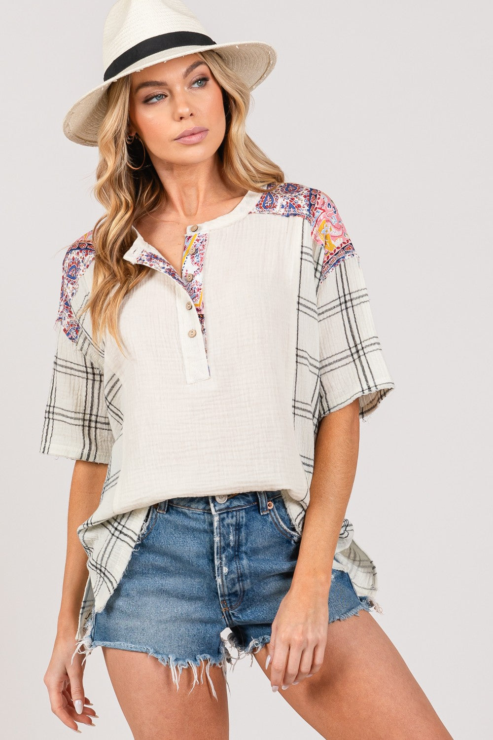 SAGE + FIG Plaid Half Button Gauze Top Top