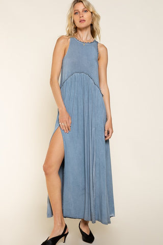 Stone Washed Side Slit Cut Out Maxi Dress MIDNIGHT BLUE Dress