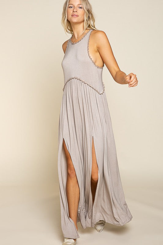 Stone Washed Side Slit Cut Out Maxi Dress ROMANTIC TAUPE Dress