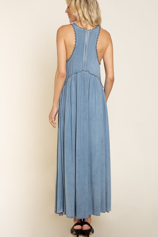 Stone Washed Side Slit Cut Out Maxi Dress Dress