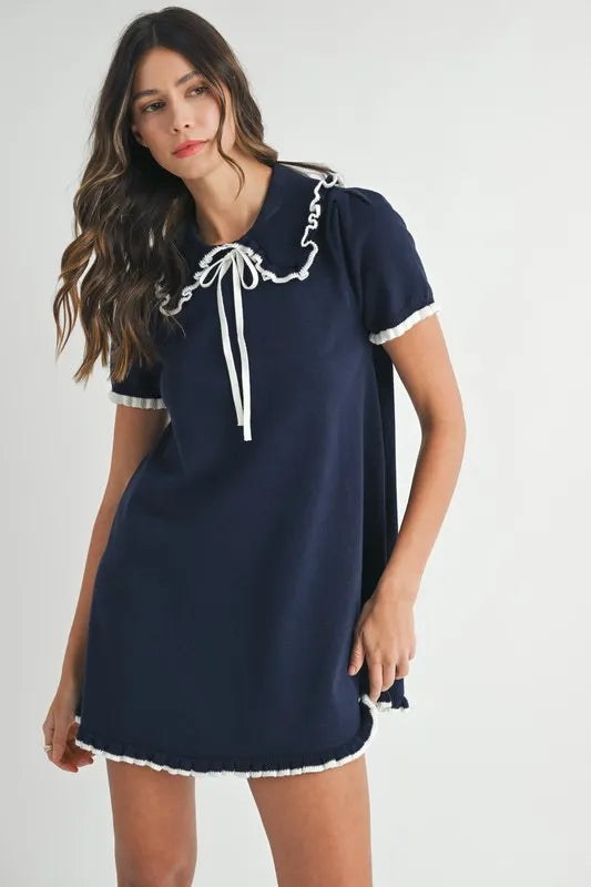 Ruffle Trimmed Collar Fine Knit Mini Dress Dress