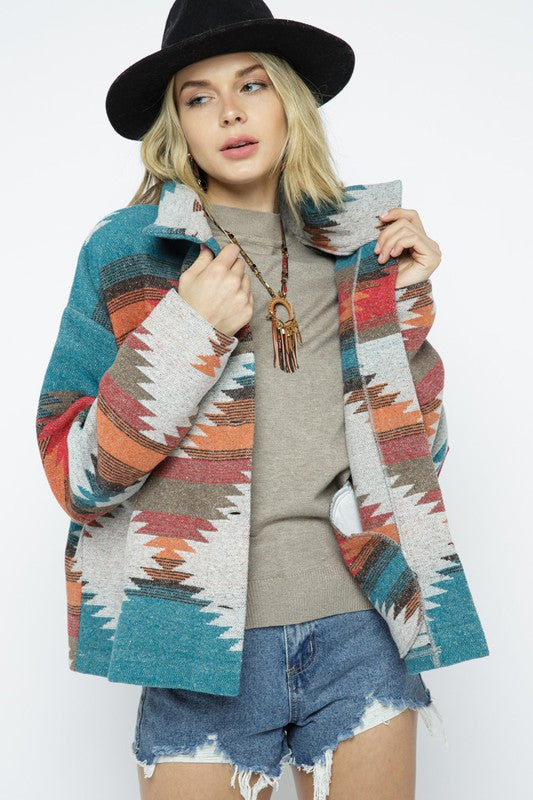 Soft Comfy Lightweight Aztec Pattern Jacket TEAL ORANGE MIX Jacket