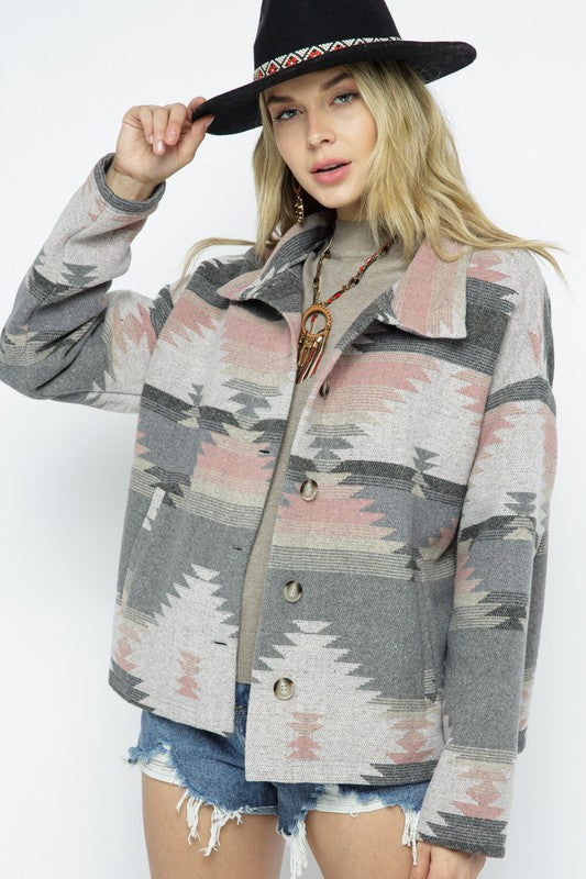 Soft Comfy Lightweight Aztec Pattern Jacket GREY PINK MIX Jacket