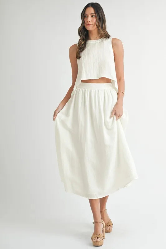 Wrinkled Round Neck Swing Top and Skirt Set Cream set