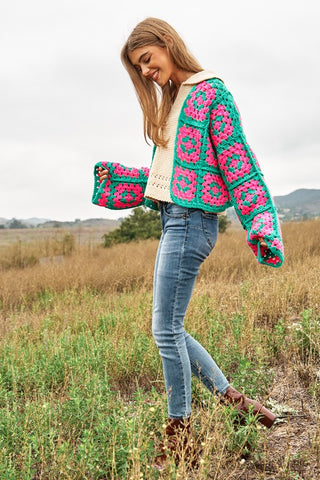 Two-Tone Floral Square Crochet Open Knit Cardigan cardigan