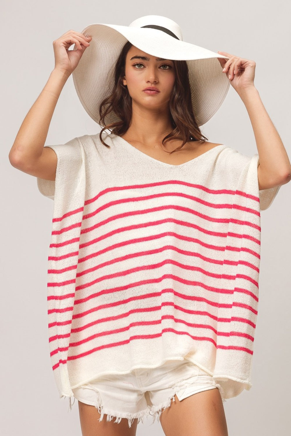 BiBi V Neck Striped Short Sleeve Top Fuchsia Top