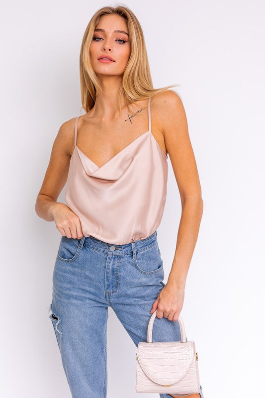 Spaghetti Strap Cowl Neck Bodysuit BEIGE top