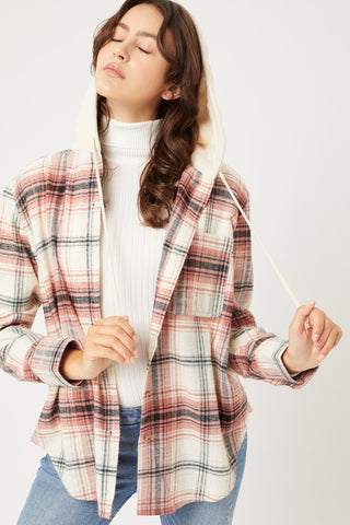 Plaid Flannel Button Up Shacket with Hood shacket