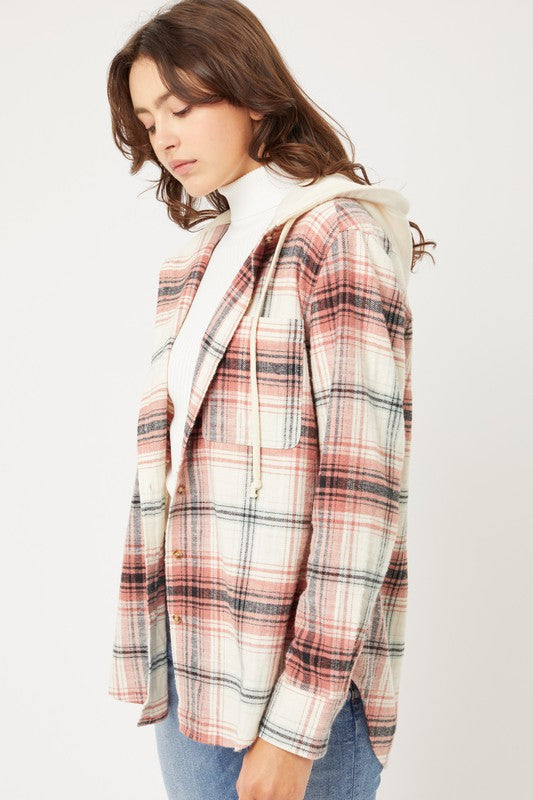 Plaid Flannel Button Up Shacket with Hood shacket