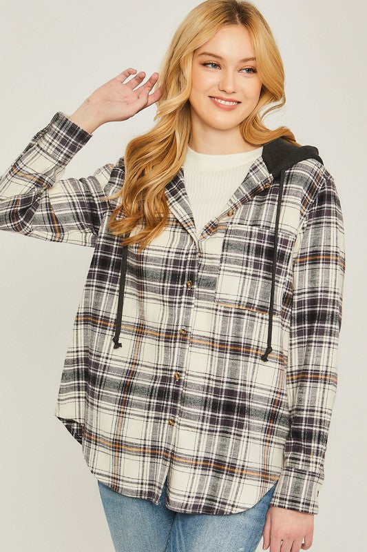 Plaid Flannel Button Up Shacket with Hood BLACK shacket