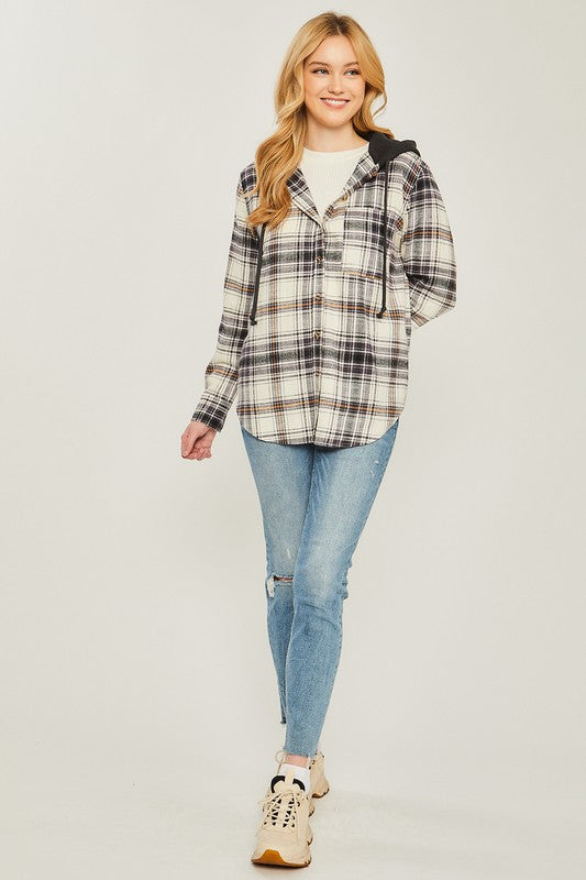 Plaid Flannel Button Up Shacket with Hood shacket