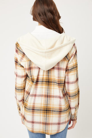 Plaid Flannel Button Up Shacket with Hood shacket