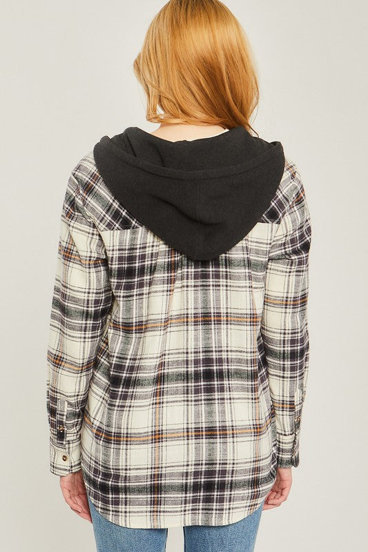 Plaid Flannel Button Up Shacket with Hood shacket