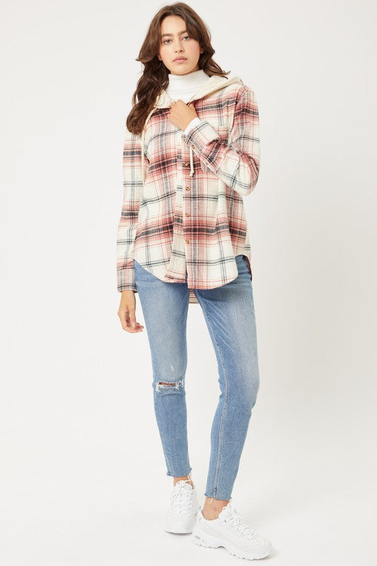 Plaid Flannel Button Up Shacket with Hood shacket