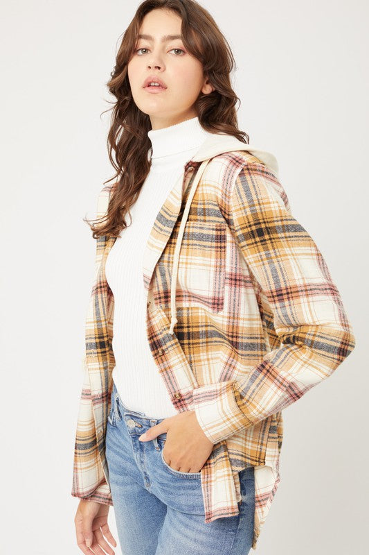 Plaid Flannel Button Up Shacket with Hood shacket