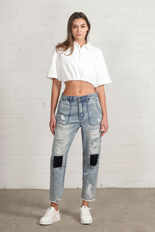 Raw Hem Patched Jeans LIGHT Jeans