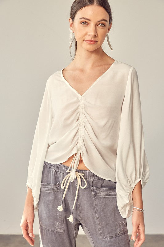 Front Tie Shirring Top WHITE Top