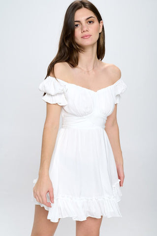 Off Shoulder Ruffle Mini Dress WHITE Dress
