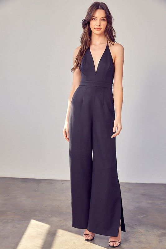 Deep V-Neck Wide Leg Jumpsuit BLACK jumper