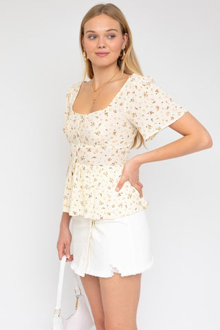 S/S Button Down Back Smocking Ditsy Print Top Top
