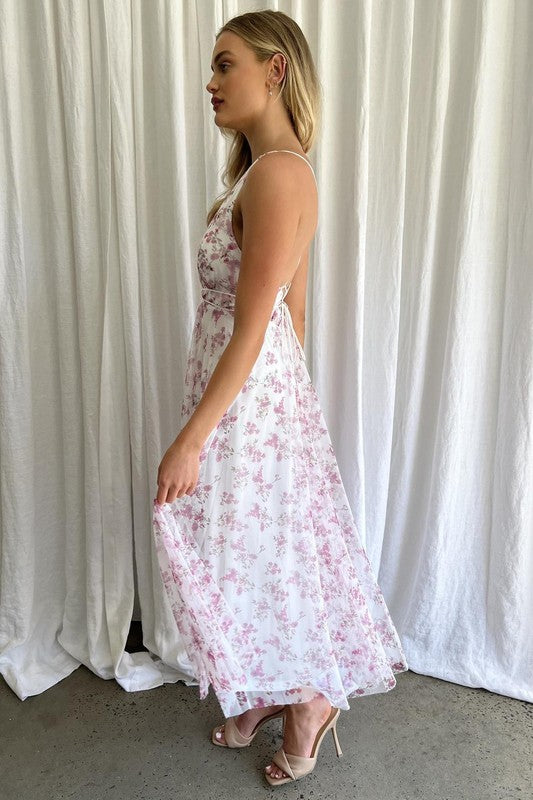 Floral Printed Plunging Neck Tulle Maxi Dress Dresses