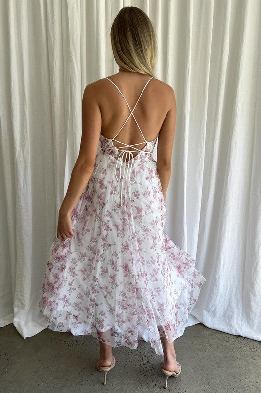 Floral Printed Plunging Neck Tulle Maxi Dress Dresses