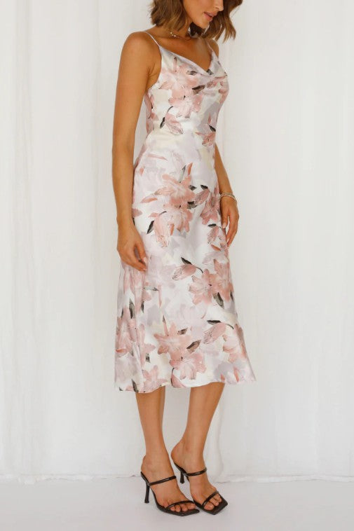 Floral Print Satin Midi Dress Dress