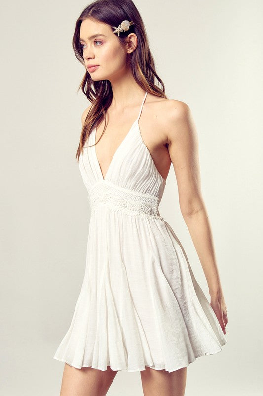 Lace Trim with Back Drawstring Dress WHITE Dress