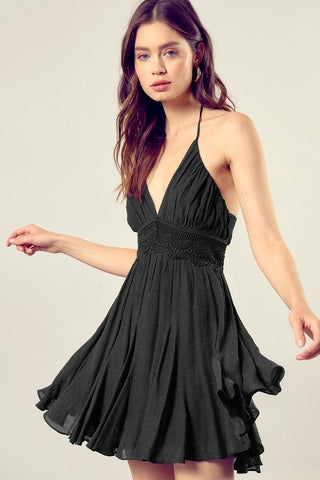 Lace Trim with Back Drawstring Dress BLACK Dress