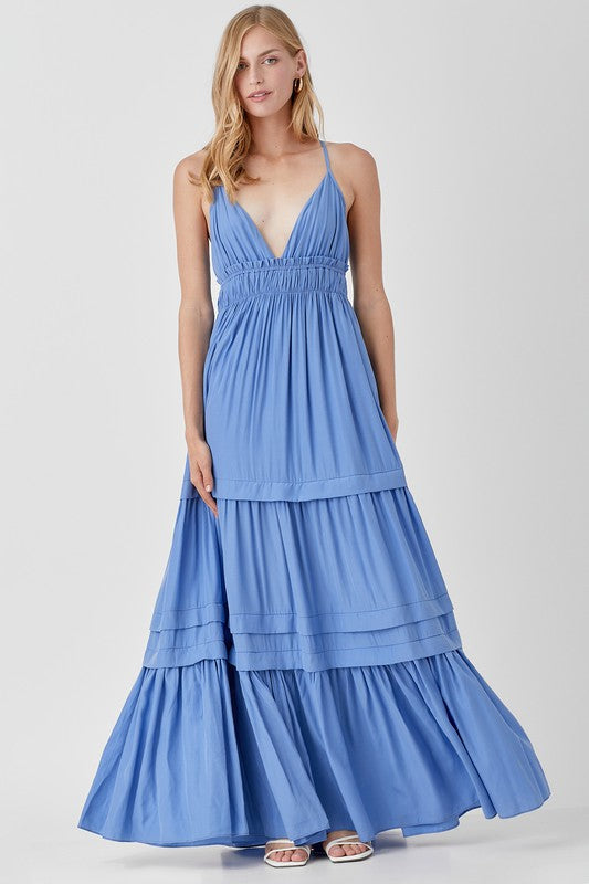 Shirred Ruffle Folded Detail Maxi Dress SOFT DENIM L Dress