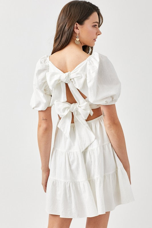 Puff Sleeve Back Double Tie Tiered Dress Dress