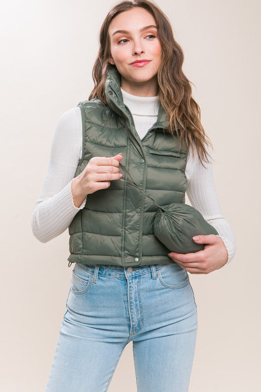 High Neck Zip Up Puffer Vest with Storage Pouch EVER GREEN vest