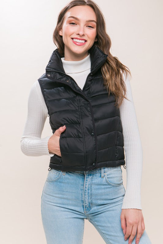 High Neck Zip Up Puffer Vest with Storage Pouch BLACK vest