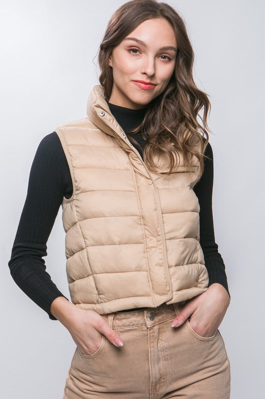 High Neck Zip Up Puffer Vest with Storage Pouch KHAKI vest