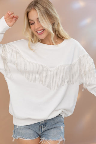 Rhinestone Fringe Pullover Top Off White sweatshirt