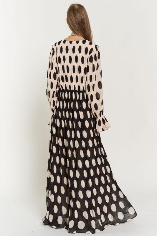 Polka Dot Ruffled Long Sleeve Pleated Maxi Dress Dress