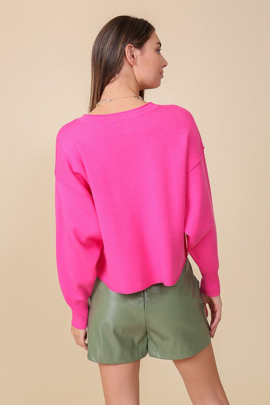 SOLID DROP SHOULDER V NECK TOP Sweater