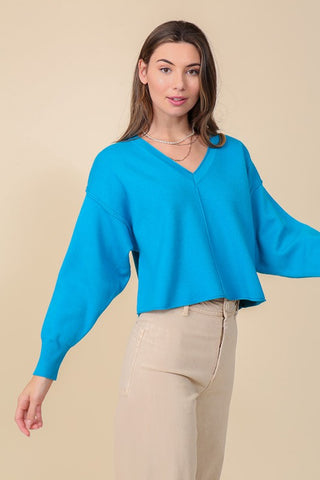 SOLID DROP SHOULDER V NECK TOP Sweater