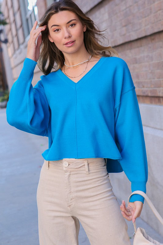 SOLID DROP SHOULDER V NECK TOP Sweater