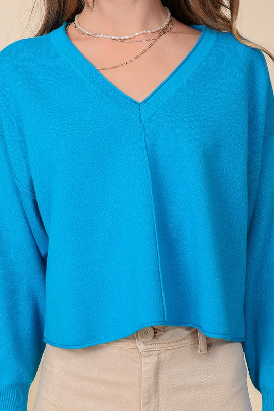 SOLID DROP SHOULDER V NECK TOP Sweater