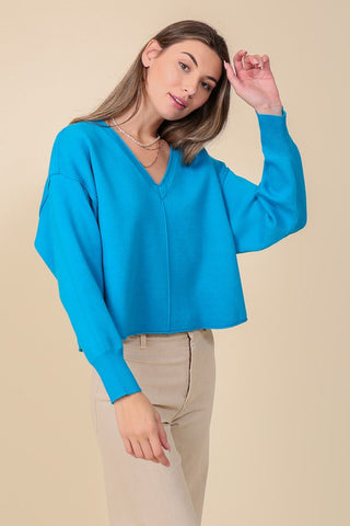 SOLID DROP SHOULDER V NECK TOP Sweater